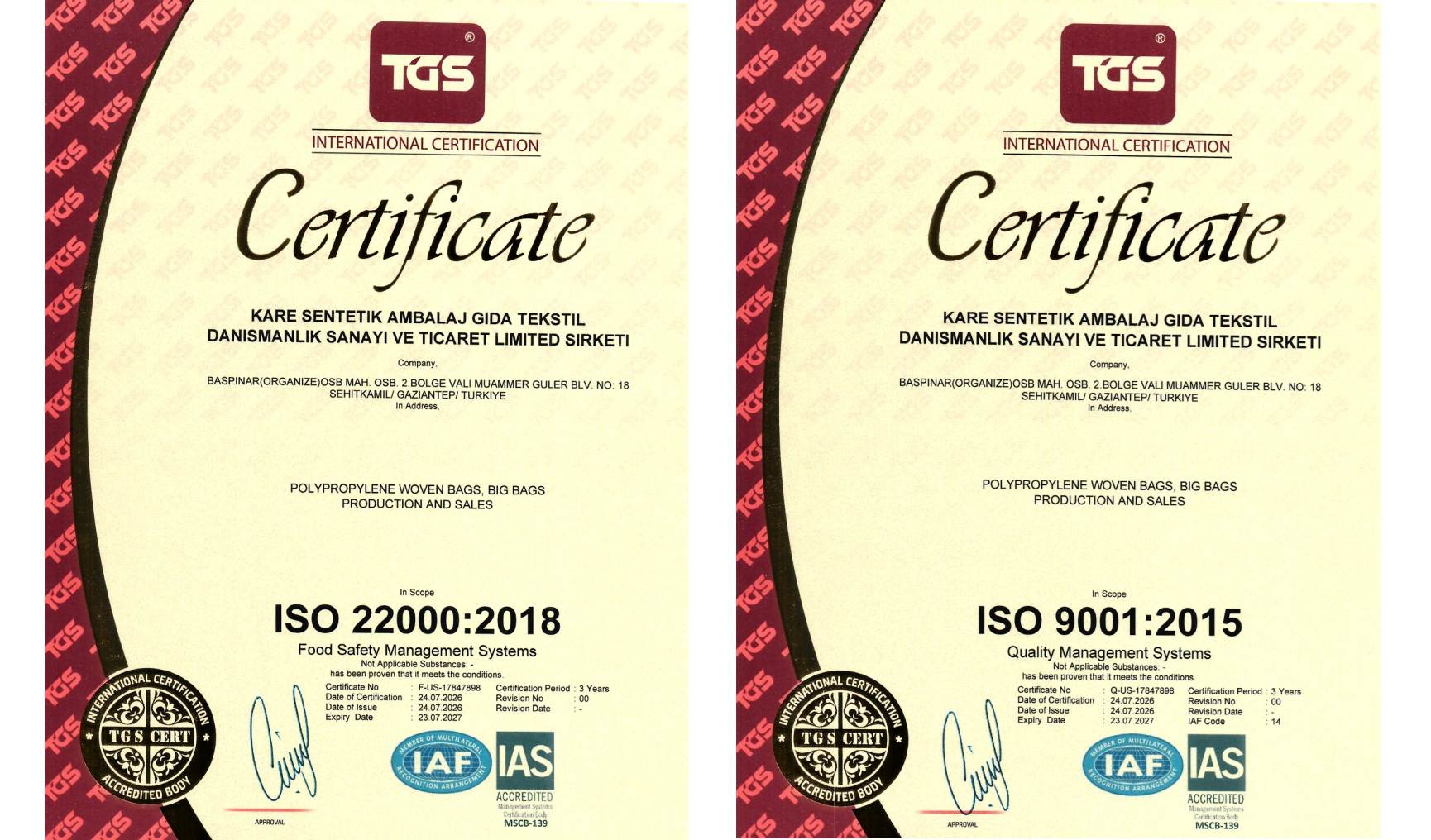 Kare ISO certificates